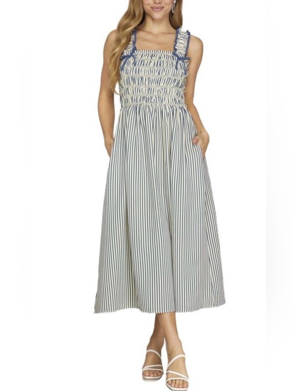 She + Sky Blue and White Striped Smocked Midi Dress